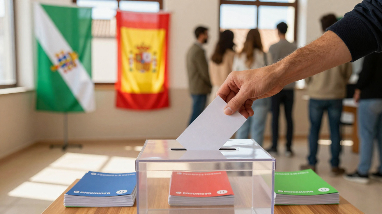 Pessoa a votar numa urna transparente com bandeiras da Andaluzia e Espanha ao fundo e mais eleitores na fila.
