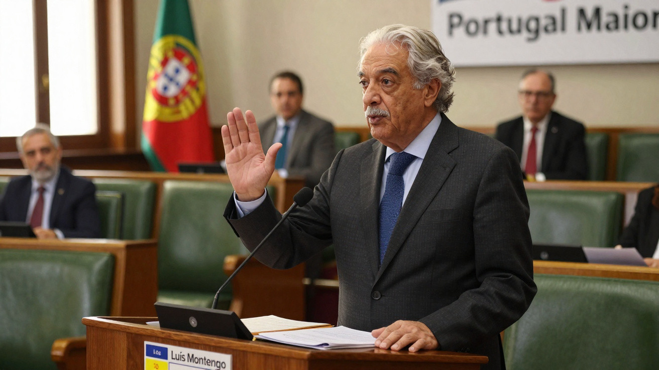 Homem idoso de terno cinzento presta juramento em ambiente formal com bandeira de Portugal ao fundo.
