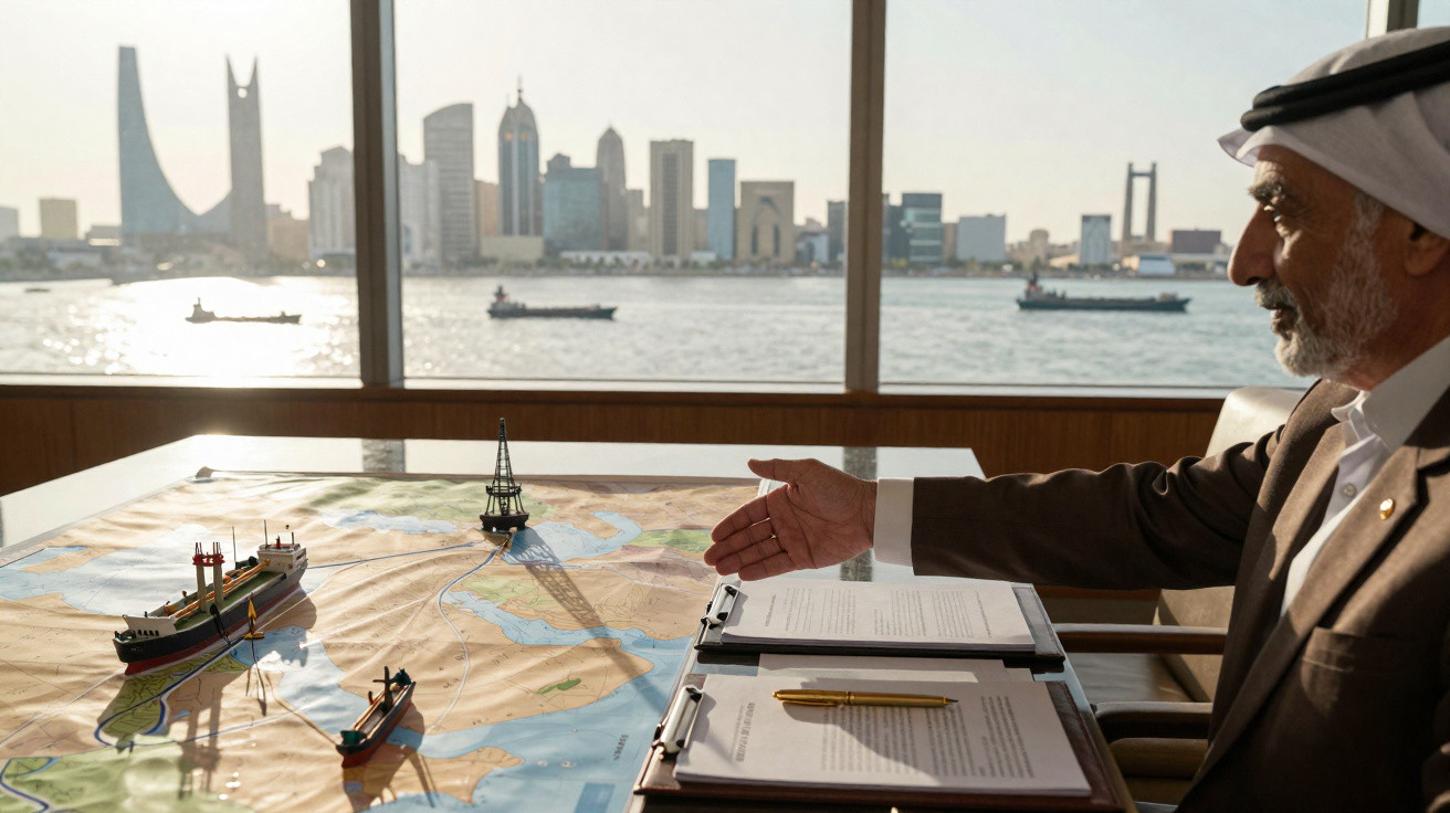 Homem árabe a apontar para maquetes de navios e uma plataforma petrolífera numa mesa com um mapa, vista da cidade ao fundo.