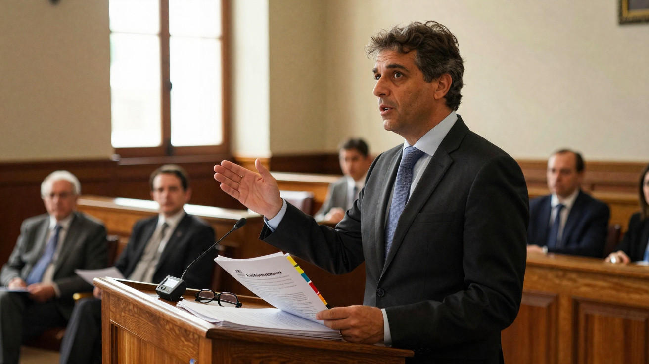 Homem de fato falando em tribunal, segurando documentos com várias pessoas sentadas ao fundo.