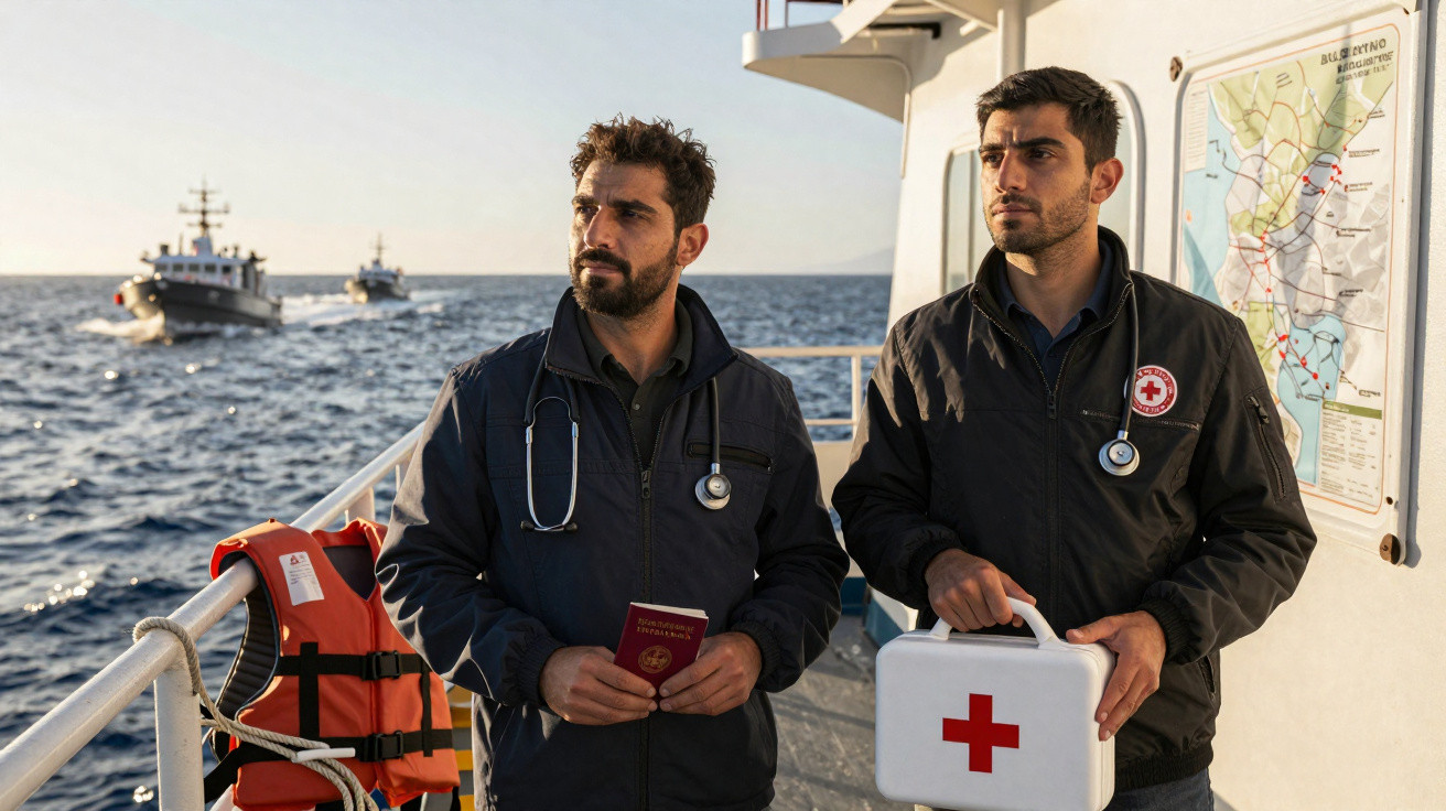Dois médicos com estetoscópios seguram um passaporte e uma caixa de primeiros socorros num barco no mar.