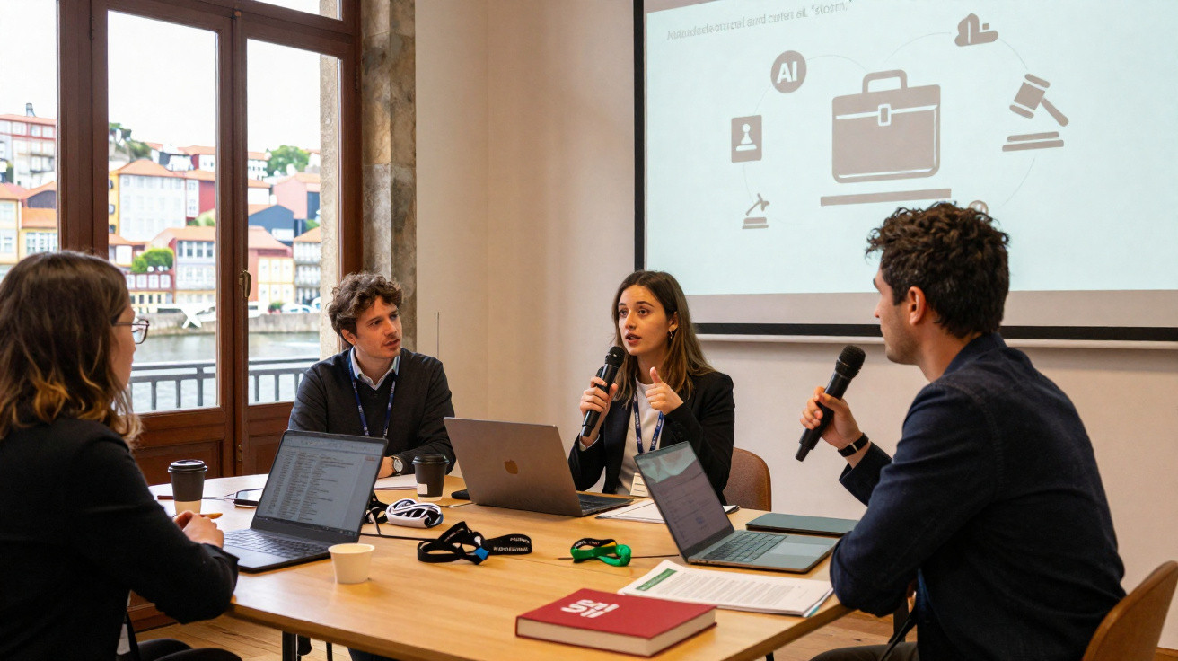 Quatro jovens em reunião numa sala com laptops e apresentação sobre inteligência artificial.