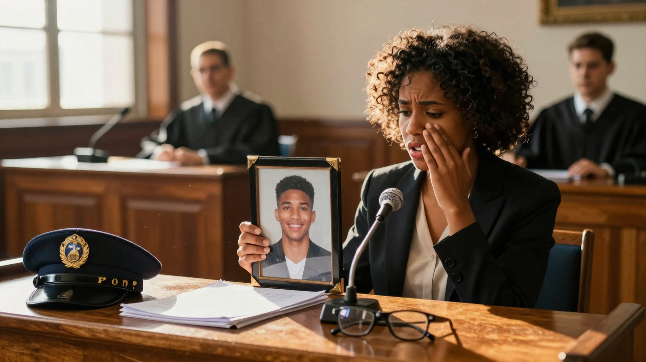 Mulher emocionada no tribunal a segurar moldura com foto de jovem homem sorridente.