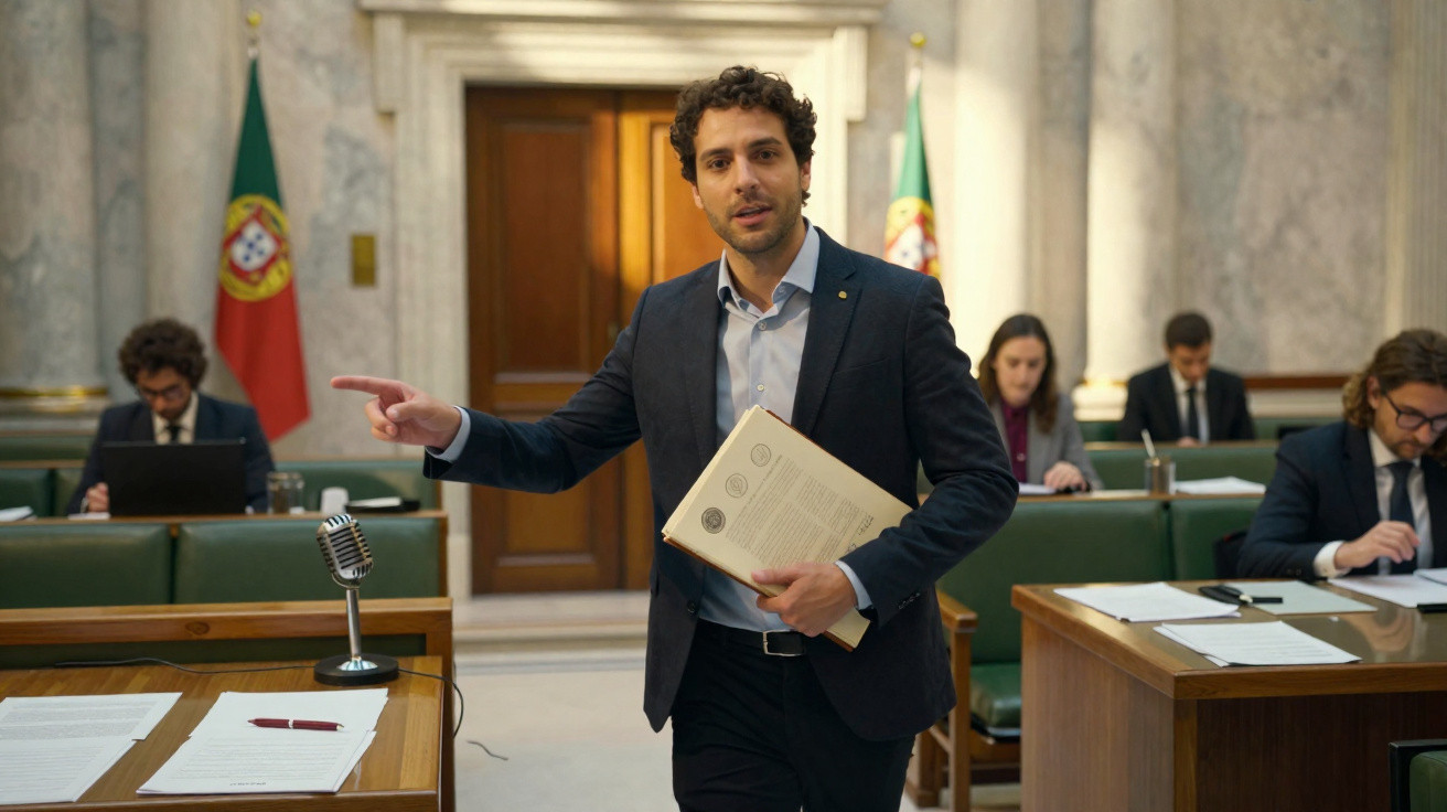 Homem em fato apresenta documentos e gesticula numa sala formal com bandeiras de Portugal ao fundo.