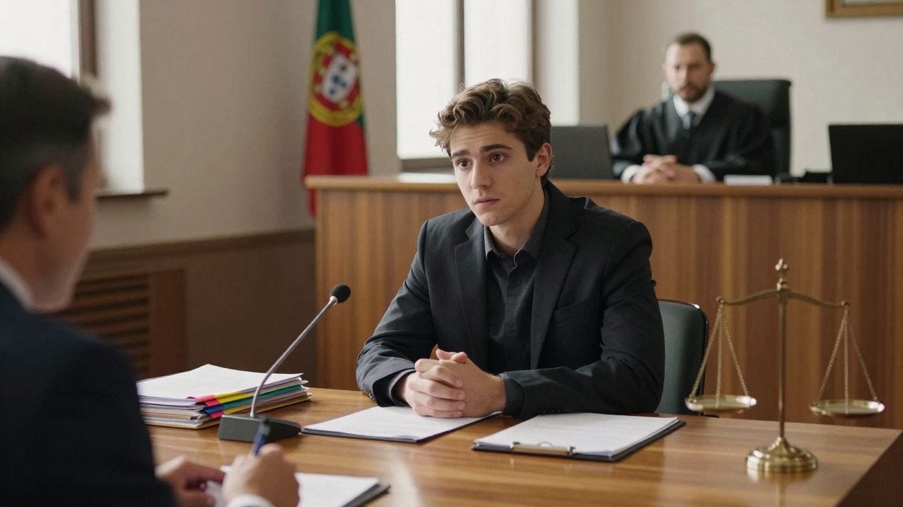 Jovem homem a testemunhar numa sala de tribunal com juiz e advogado presentes, bandeira de Portugal ao fundo.