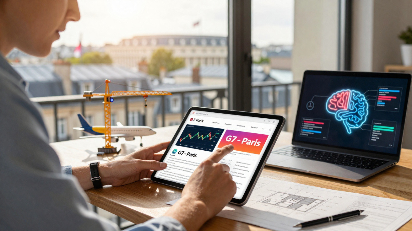 Pessoa a usar tablet com notícia sobre G7-Paris, junto a maquete de avião e computador com imagem digital de cérebro.