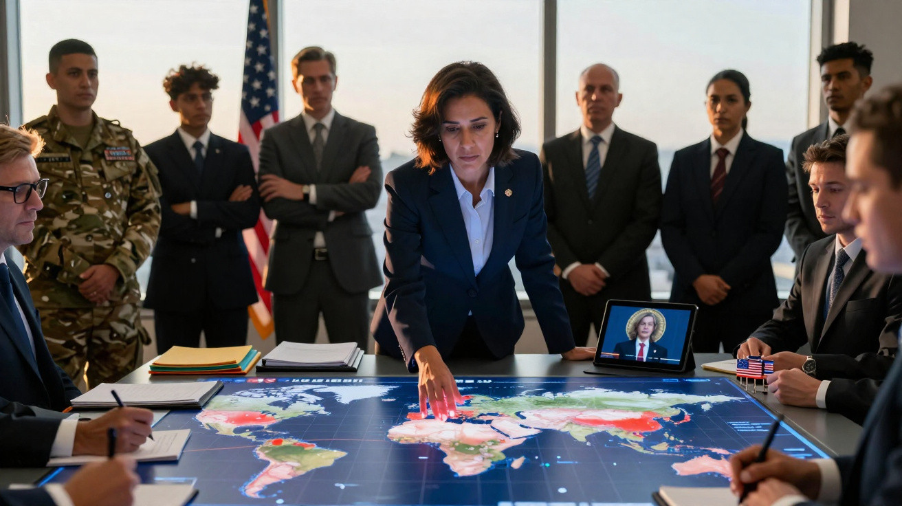 Mulher a liderar reunião estratégica com equipa diversa e mapa digital mundial numa sala moderna com bandeira americana.