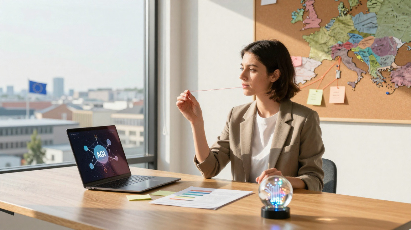 Mulher sentada numa mesa de escritório com laptop, gráficos, e um mapa da Europa ao fundo.