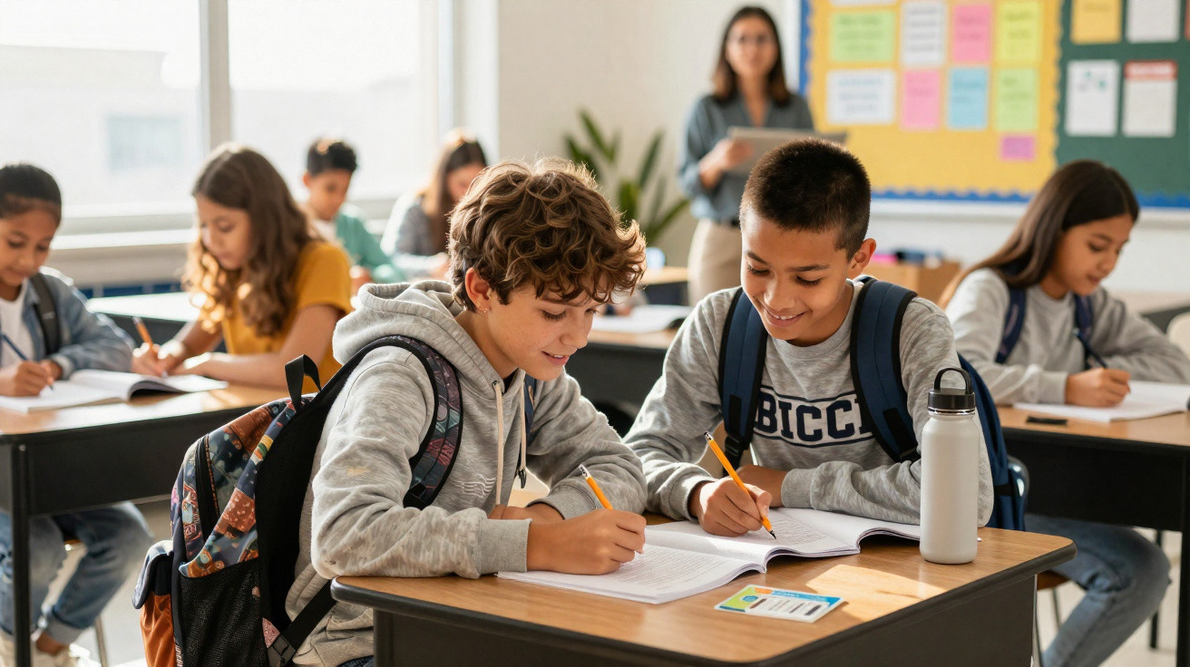 Alunos escrevem em cadernos numa sala de aula com professora ao fundo supervisionando as atividades.