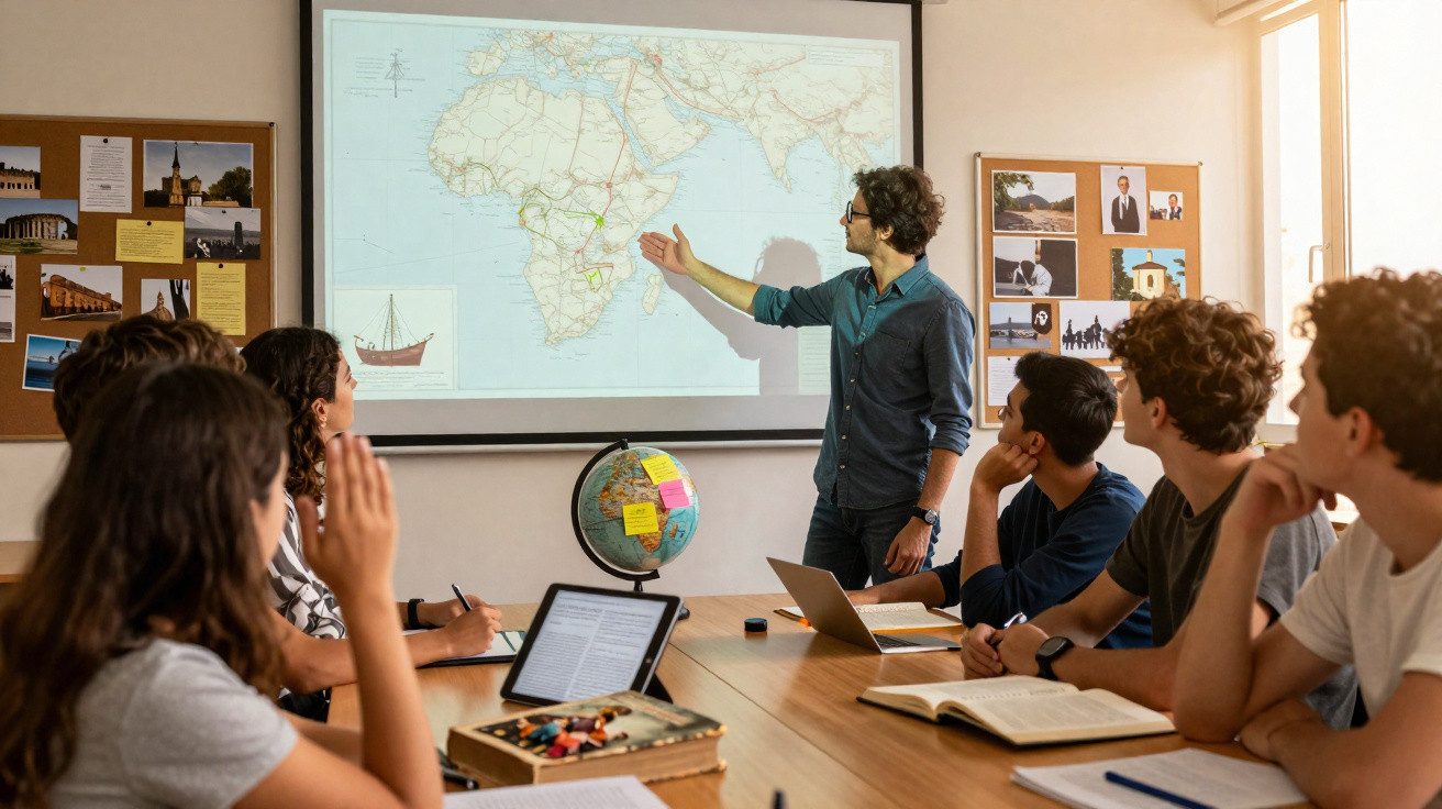 Homem a explicar mapa de África a grupo de estudantes sentados à mesa numa sala de aula.
