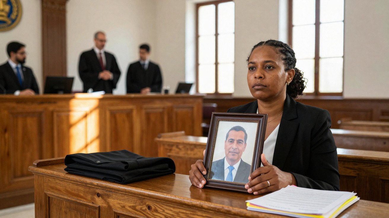 Mulher segurando fotografia de homem numa sala de tribunal com três homens ao fundo.