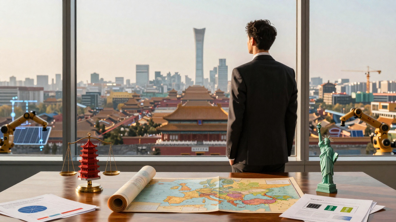 Homem de fato observa cidade antiga e moderna pela janela, com mapas e miniaturas numa mesa.