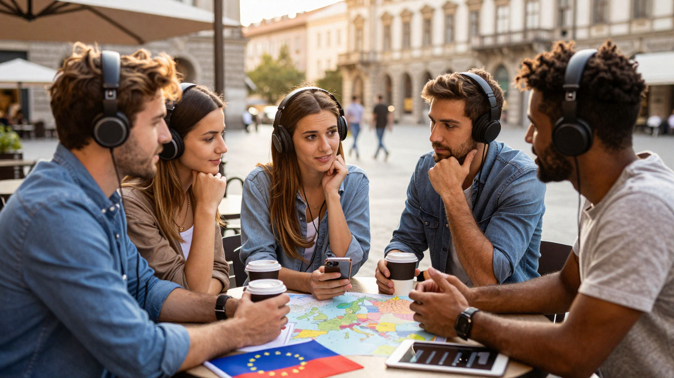 Grupo de jovens sentados à mesa ao ar livre com auscultadores, mapas e bandeira da UE, a discutir viagem.