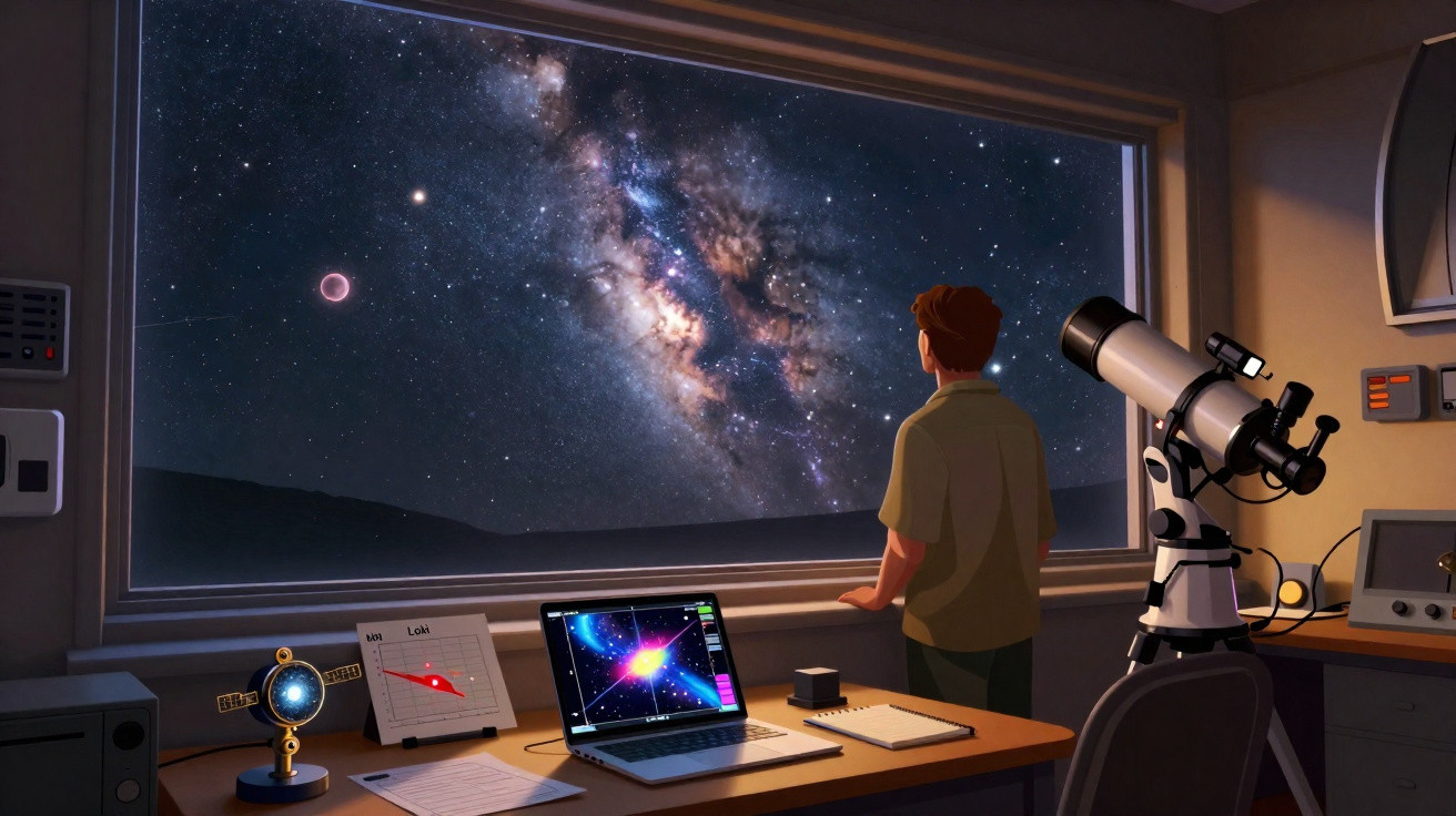 Homem observa via láctea do interior de uma sala com telescópio, portátil e instrumentos astronómicos.