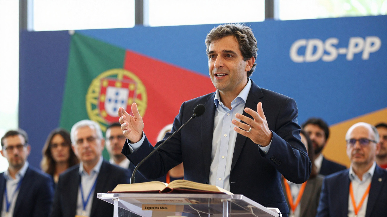 Homem a discursar num púlpito, com bandeira de Portugal e sigla CDS-PP ao fundo.
