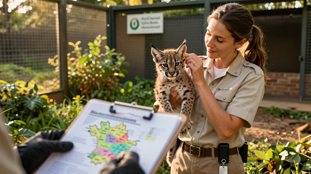Tratadora de animais com polo e cativeiro a segurar um filhote de lince e pessoa com prancheta à frente.