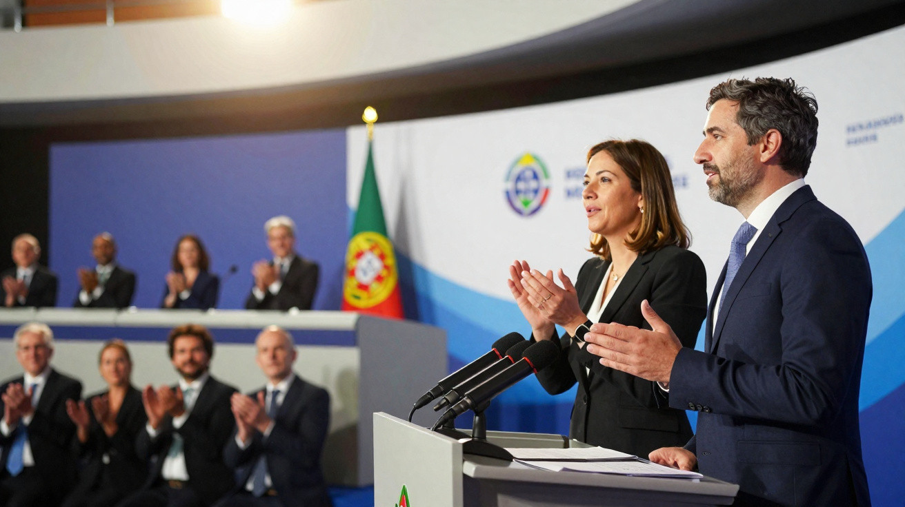 Dois oradores em traje formal a aplaudir numa conferência com público ao fundo e bandeira de Portugal visível.