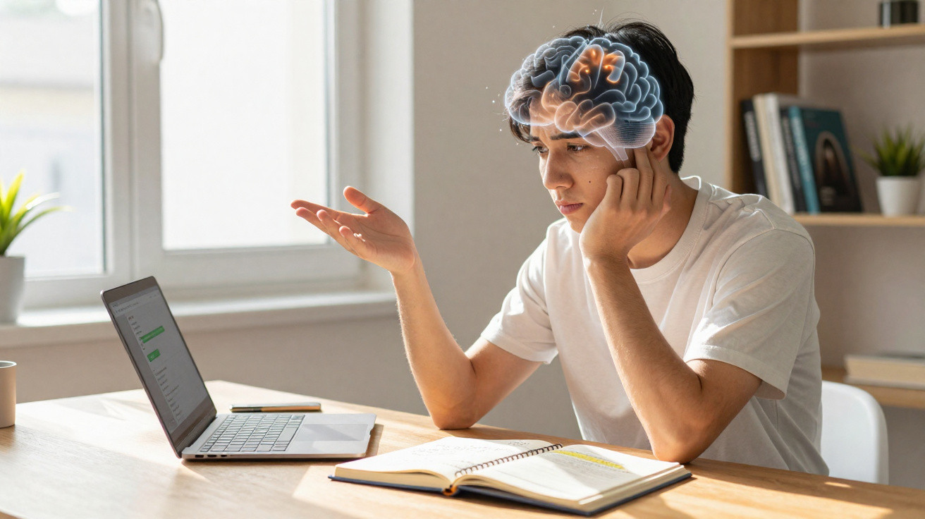 Jovem sentado a estudar com computador e cérebro ilustrado representando cognição.
