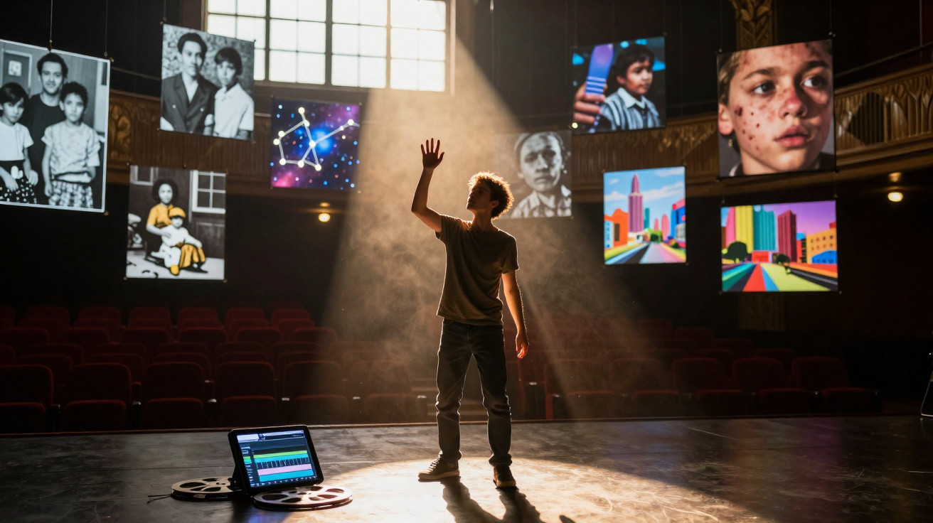 Rapaz em palco iluminado, rodeado por imagens penduradas de fotografias e desenhos coloridos, em teatro vazio.