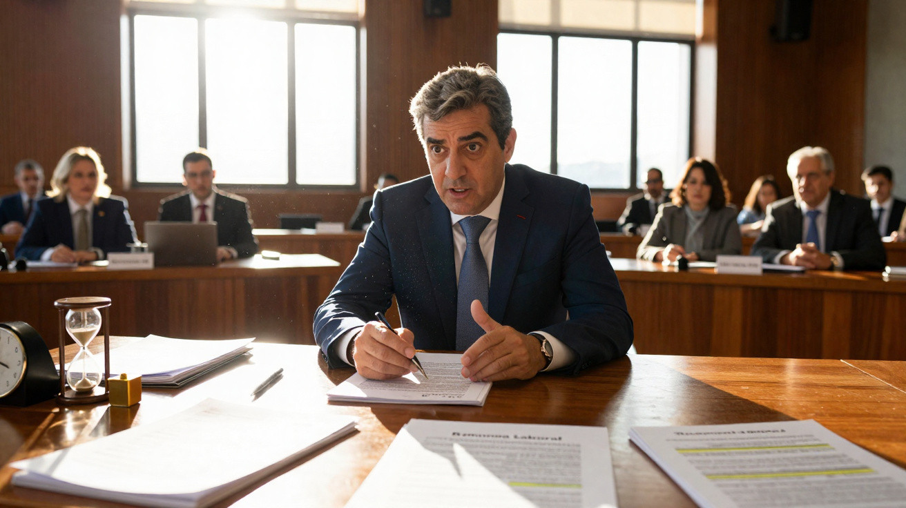 Homem em fato a falar e a escrever numa reunião formal com várias pessoas ao fundo.