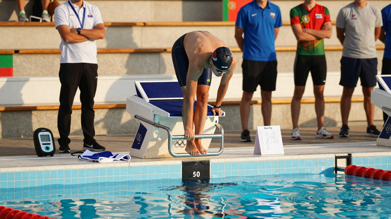 Nadador com fato de banho e touca preparado para salto numa piscina olímpica, com treinadores ao fundo.