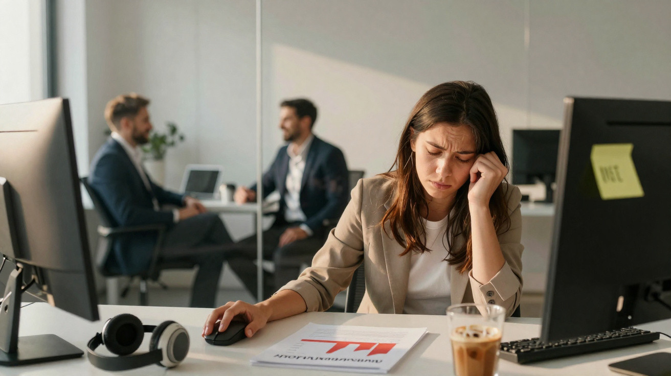 Mulher preocupada no trabalho, com dois homens em reunião ao fundo, escritório moderno.