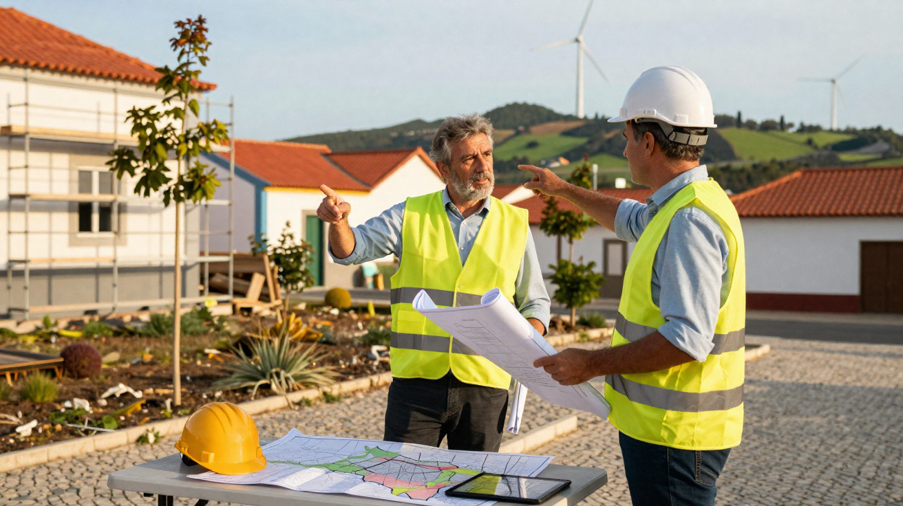 Dois engenheiros em coletes refletivos discutem planos de construção junto a uma mesa com mapas e capacete.