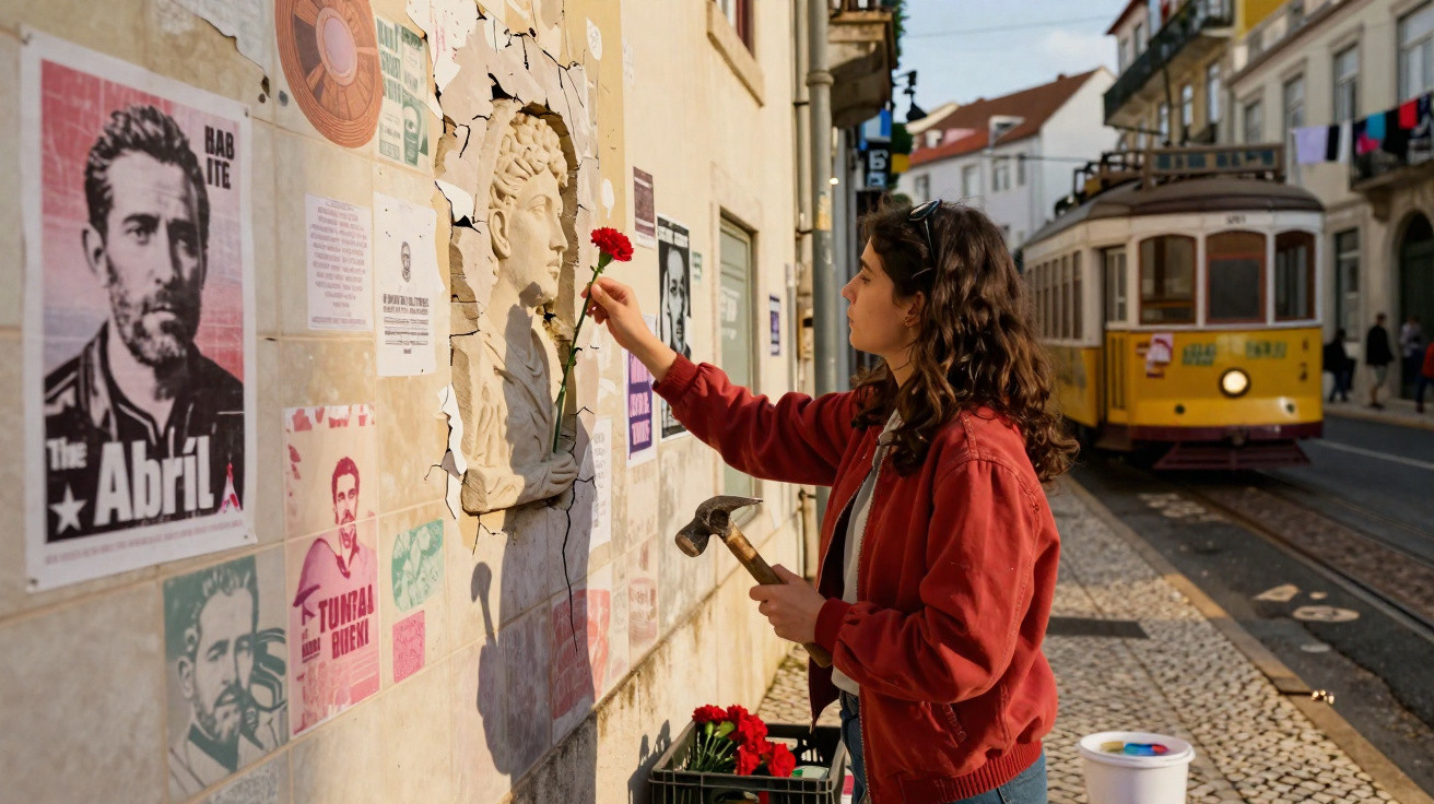 Mulher coloca uma flor numa escultura mural numa rua com elétrico amarelo ao fundo.