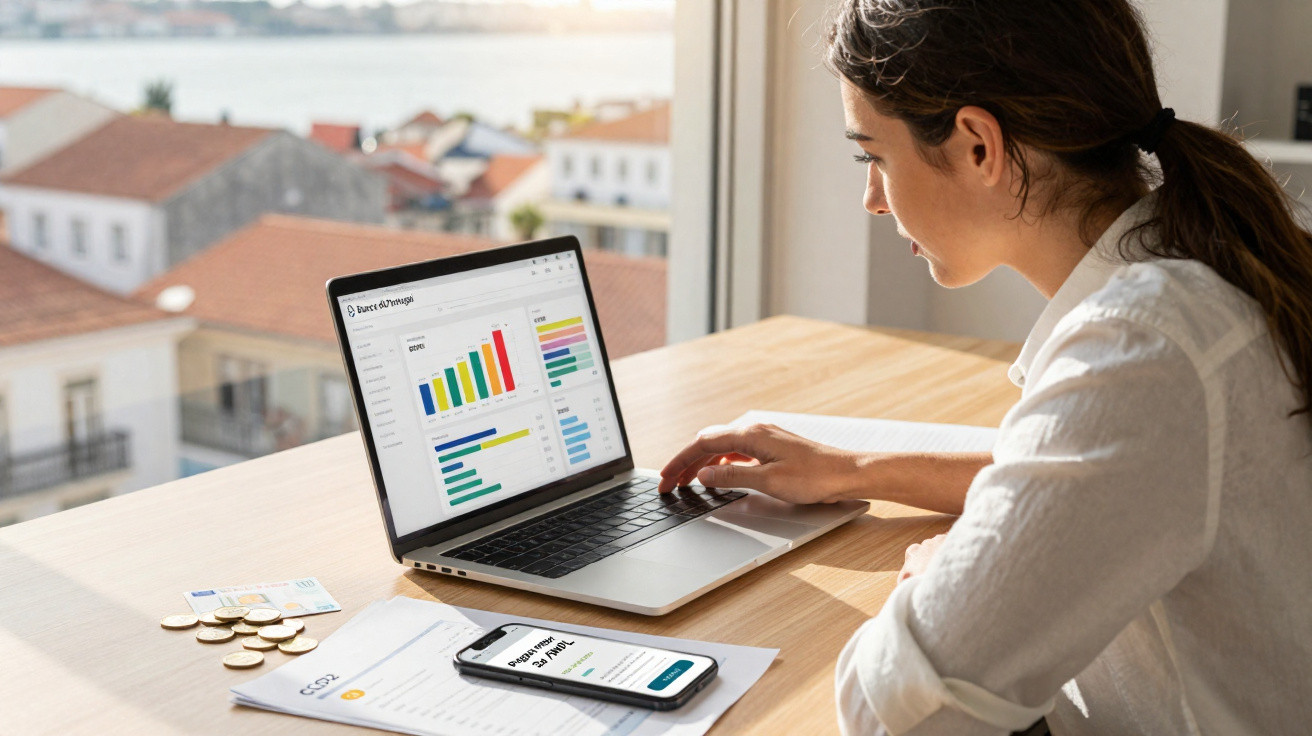 Mulher a analisar gráficos financeiros num portátil, com documentos e telemóvel numa mesa junto a uma janela.