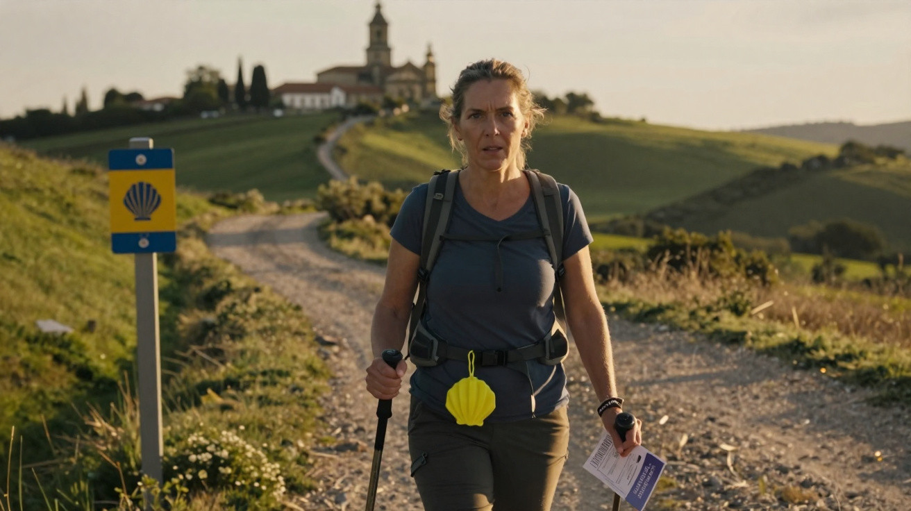 Mulher com mochila e bastões a caminhar por trilho rural com igreja ao fundo ao pôr do sol.