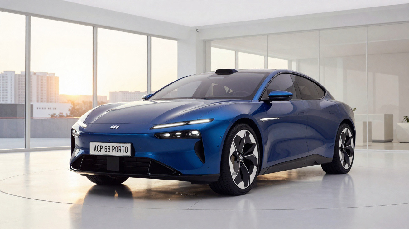 Carro elétrico azul moderno estacionado em espaço interior luminoso com janelas amplas e vista urbana.