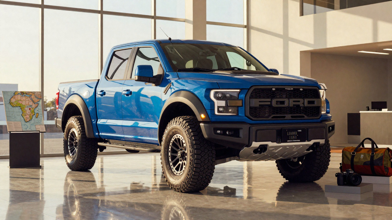 Pickup Ford azul estacionada em ambiente interior com piso espelhado e janelas amplas.