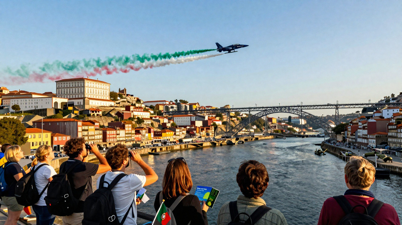 Avião a sobrevoar o rio Douro com fumaça verde, branca e vermelha, enquanto pessoas observam na ponte em Porto.