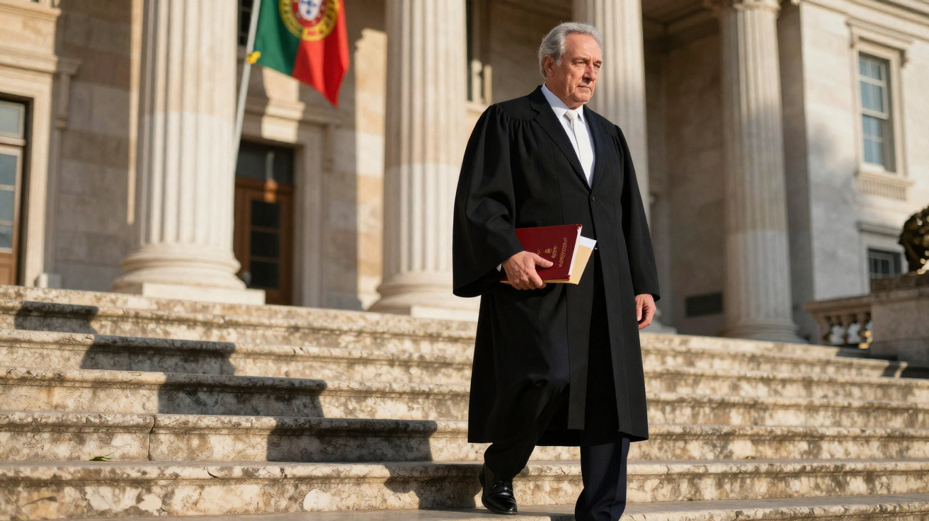 Homem de toga preta com livros na mão desce escadaria de edifício oficial com bandeira de Portugal.