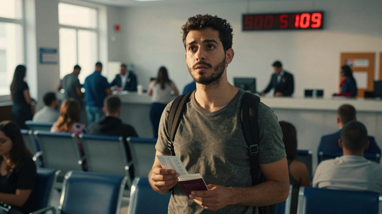 Jovem segurando bilhete e passaporte numa sala de espera de aeroporto com mostrador digital ao fundo.