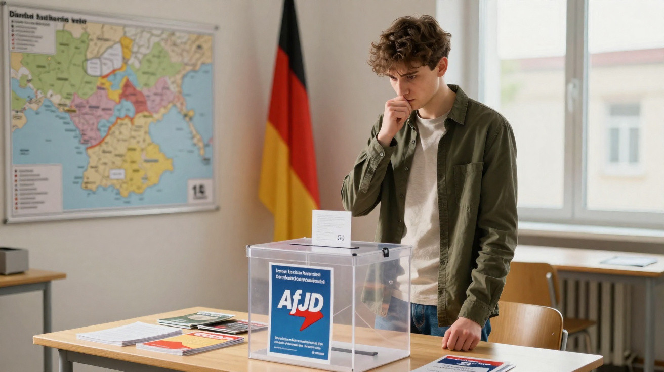 Jovem pensativo vota numa urna transparente numa sala com bandeira e mapa da Alemanha ao fundo.