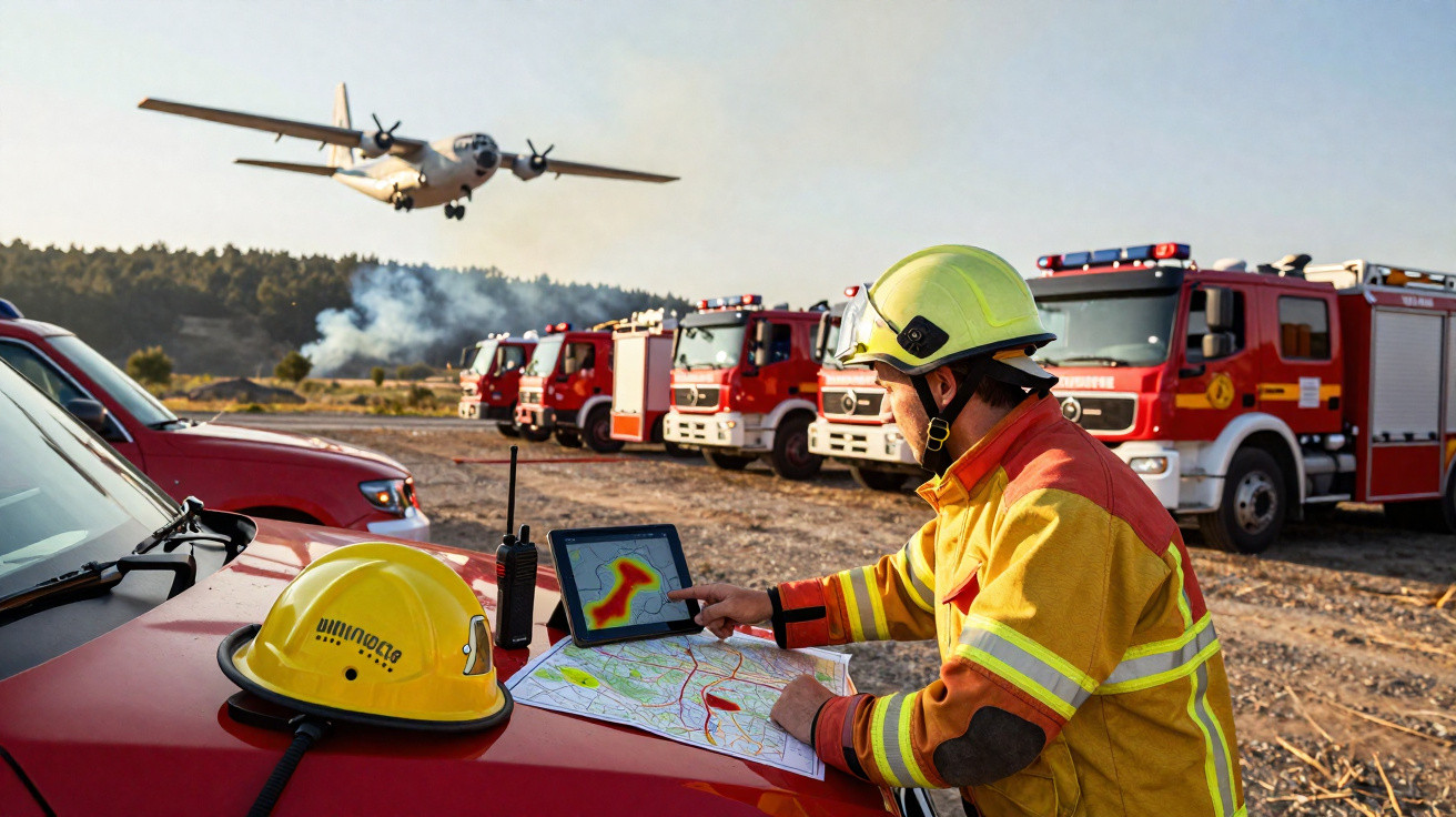 Bombeiro em farda amarela consulta mapa e tablet, com camiões de bombeiros e avião a sobrevoar ao fundo.