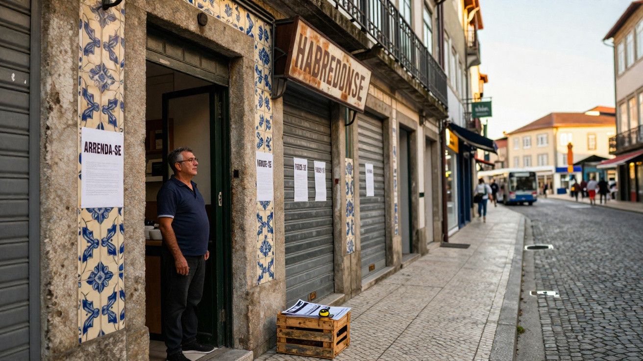 Homem em porta com azulejos à volta, placas de arrendamento e rua de calçada com ônibus ao fundo.