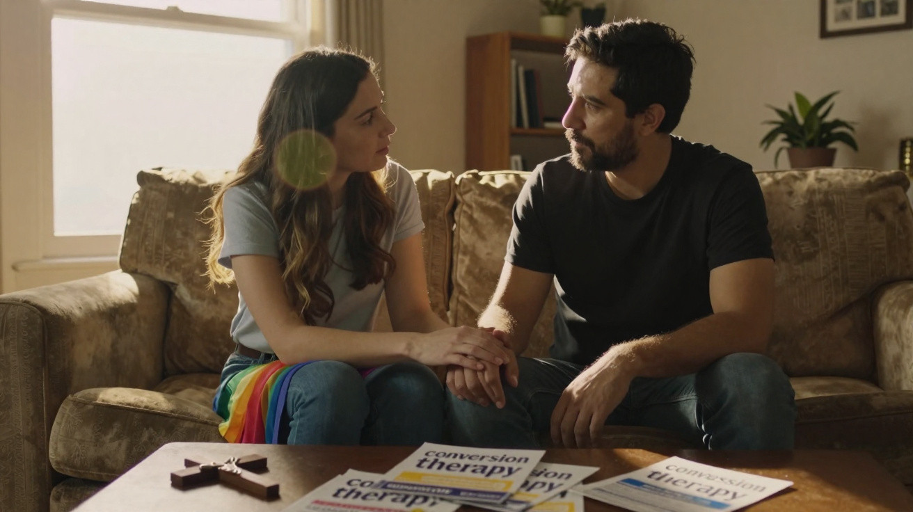 Casal sentado no sofá a conversar, mãos dadas, revistas sobre terapia de conversão na mesa à frente.