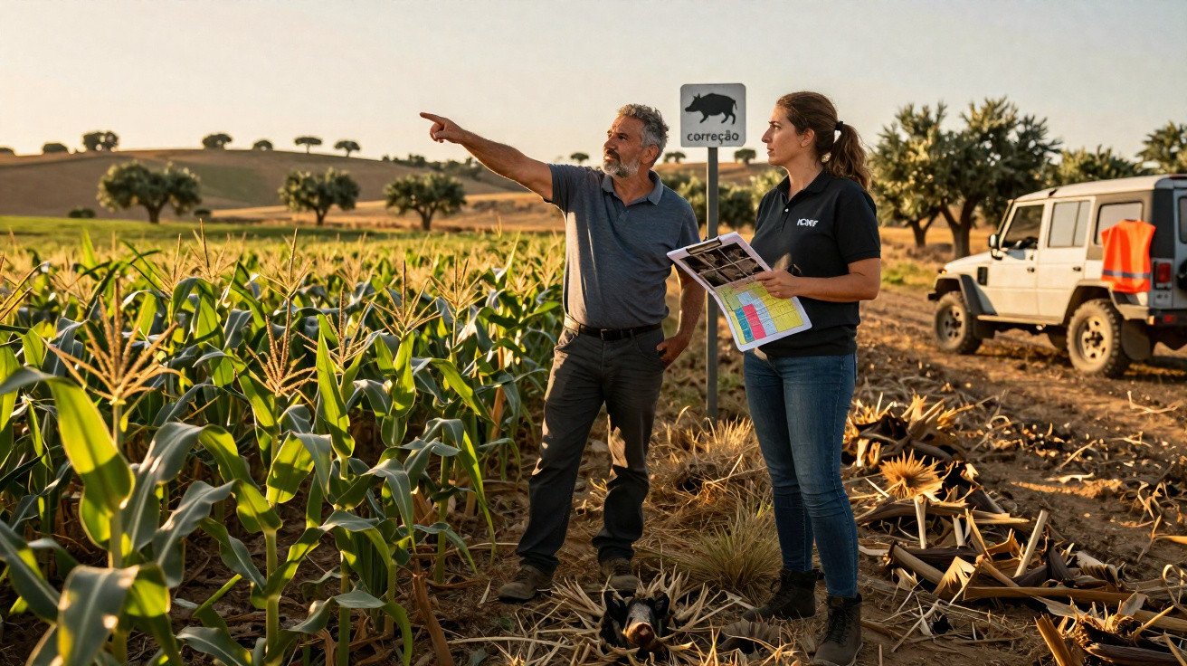 Dois agricultores analisam um campo de milho ao pôr do sol, com sinais e veículo ao fundo.