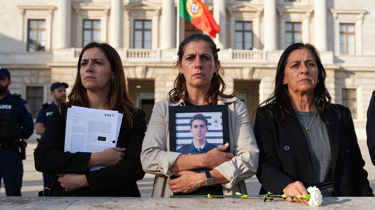 Três mulheres sérias em protesto, uma segura foto de um jovem em uniforme, com polícia e bandeira de Portugal ao fundo.