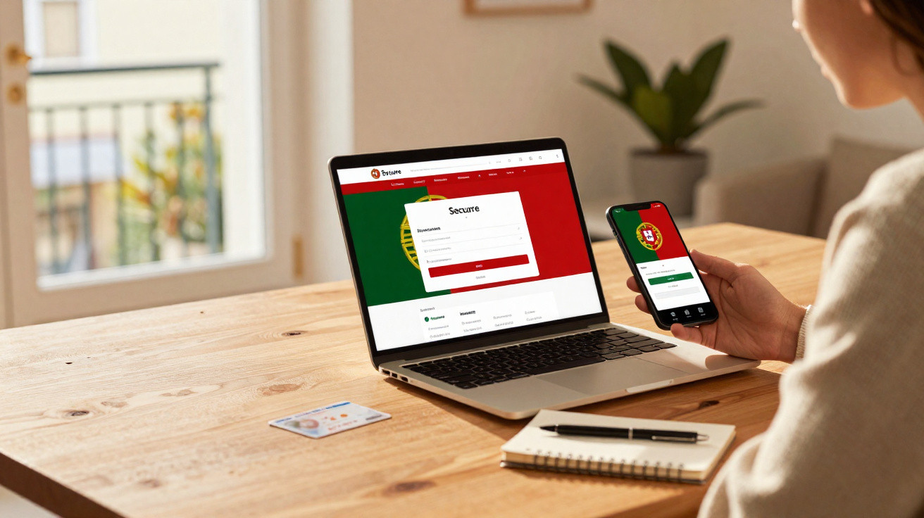 Pessoa a fazer login numa plataforma online com bandeira de Portugal num portátil e telemóvel numa mesa de madeira.