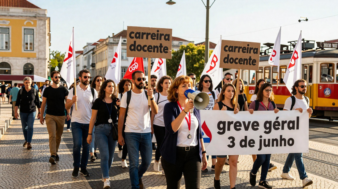 Manifestação de professores com cartazes e faixa de greve geral em rua de cidade com elétrico ao fundo.