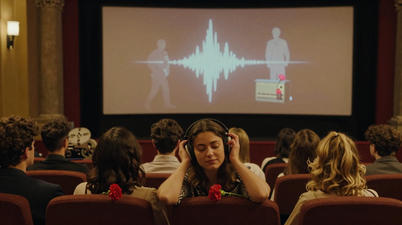 Auditório com pessoas sentadas a assistir a projeção, mulher ao centro usa headphones com flor vermelha na cadeira.