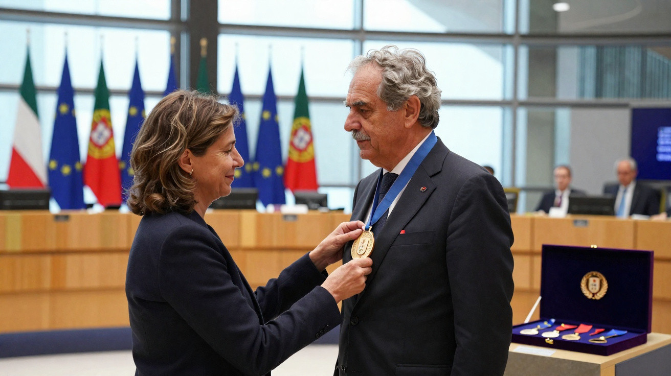 Mulher a condecorar homem com medalha num salão oficial com bandeiras da União Europeia e de Portugal ao fundo.