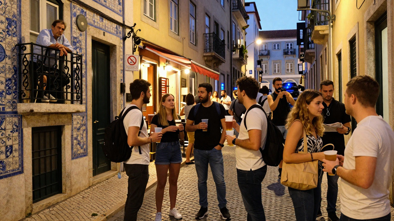 Jovens conversam e bebem em rua típica de Lisboa com prédios azulejados ao entardecer.