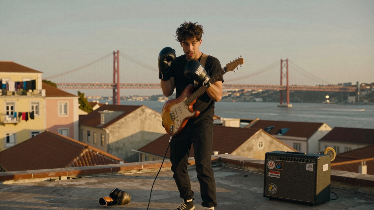 Homem com luvas de boxe segura guitarra elétrica no telhado com ponte e rio ao fundo em Lisboa.