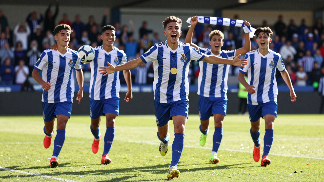 Jovens jogadores de futebol do FC Porto celebram golos em campo com público ao fundo.