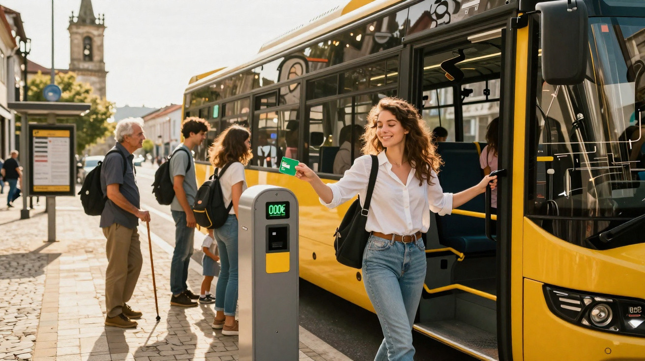 Mulher a pagar passagem com cartão verde ao entrar num autocarro amarelo numa paragem urbana.
