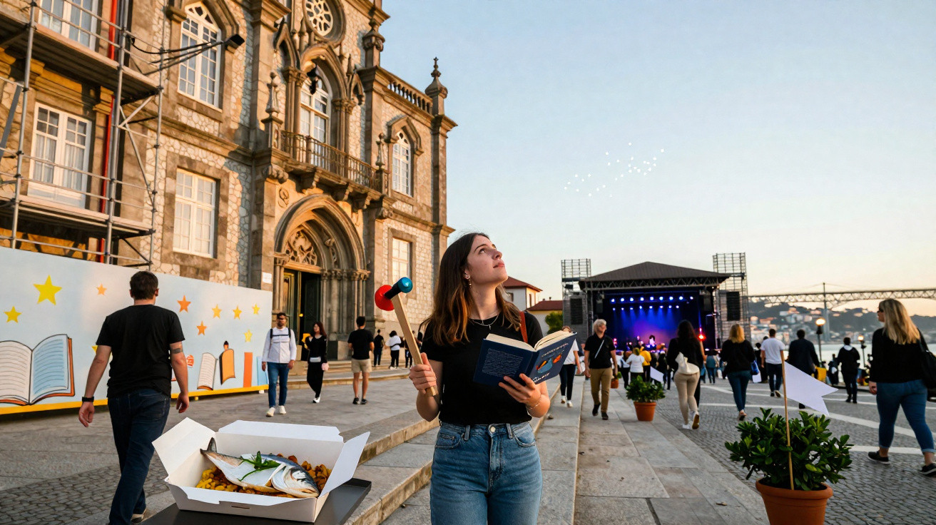 Jovem segura livro e pequena corneta em evento cultural ao ar livre junto a igreja e palco iluminado ao fundo.